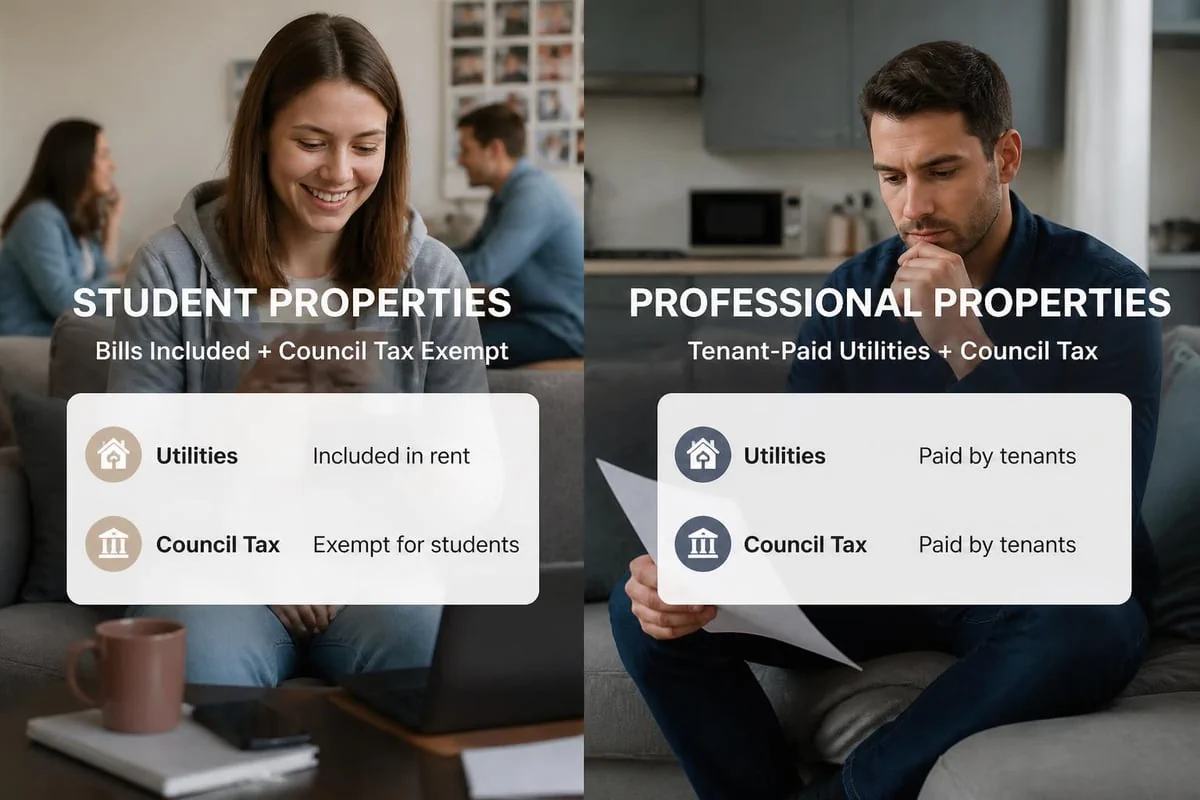 Comparison of student and professional rental property utility and council tax responsibilities for UK landlords