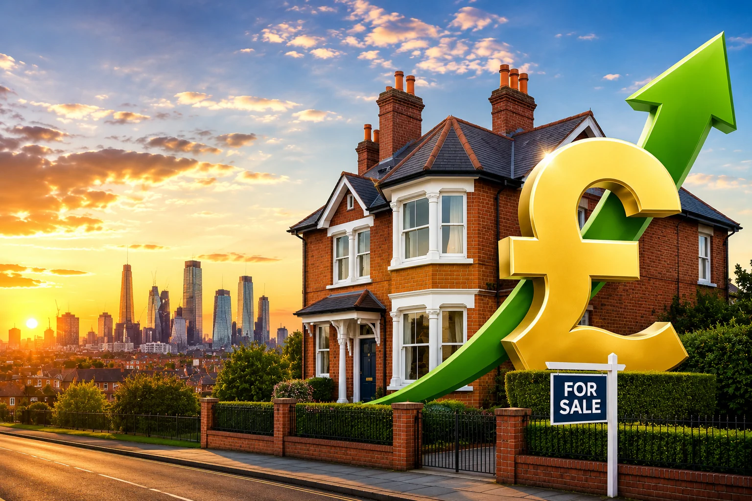 UK house with pound symbol and upward arrow showing how property investment works through price growth and returns