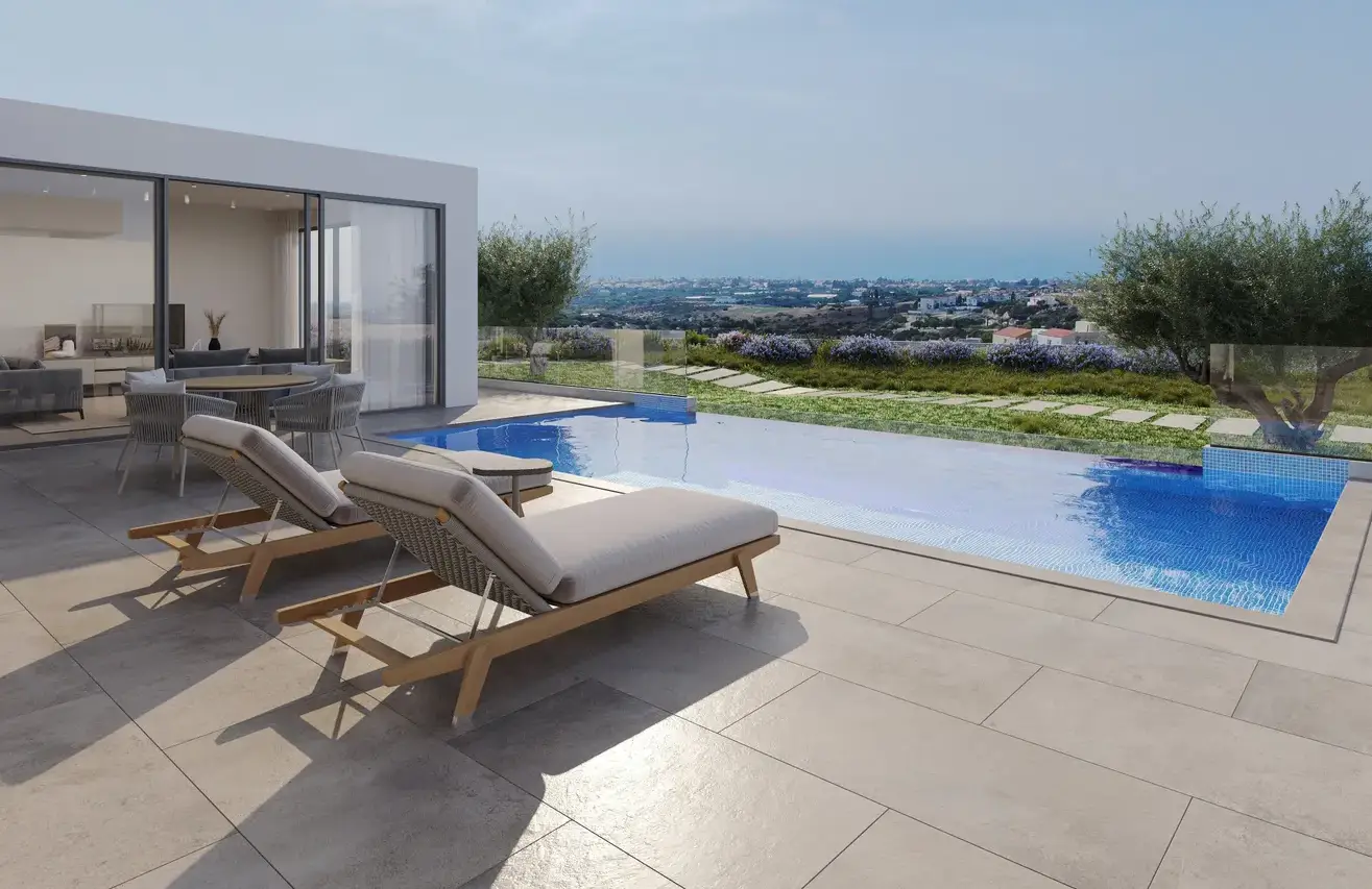Modern Cyprus villa with infinity pool and terrace overlooking landscape highlighting secure property investment and ownership benefits