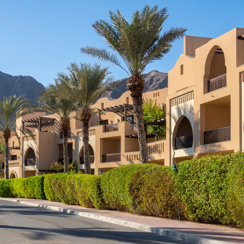 Arabic style modern townhouses in UAE with palm trees and greenery highlighting international property development opportunities