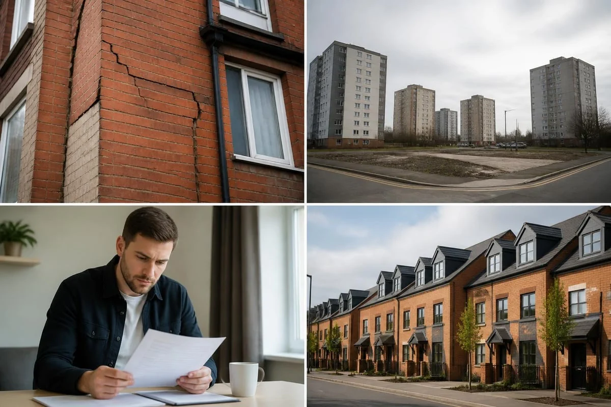 Collage showing structural cracks tower blocks investor paperwork and modern homes highlighting buy to let property red flags
