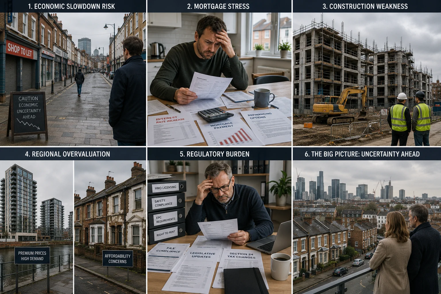 Collage showing economic pressures and financial risks affecting the UK property market and housing investment outlook