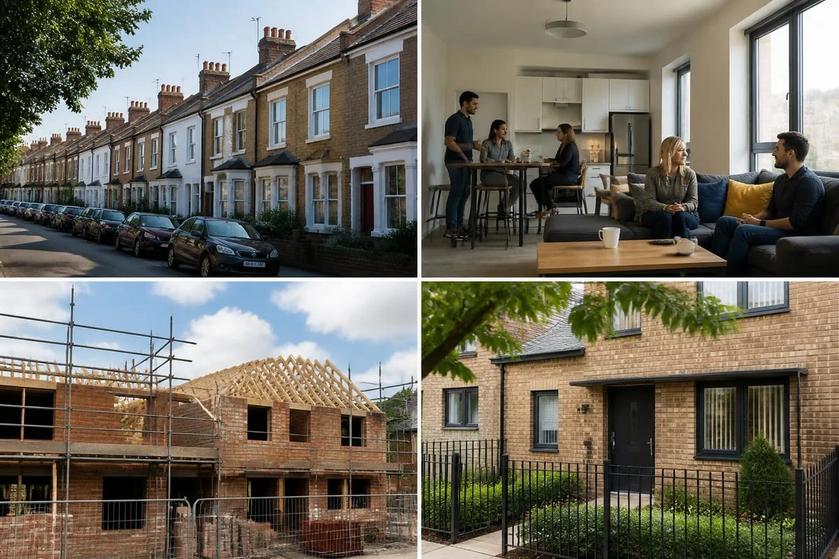 Collage of UK terraced homes interior living space new build development and modern housing illustrating property refurbishment and development