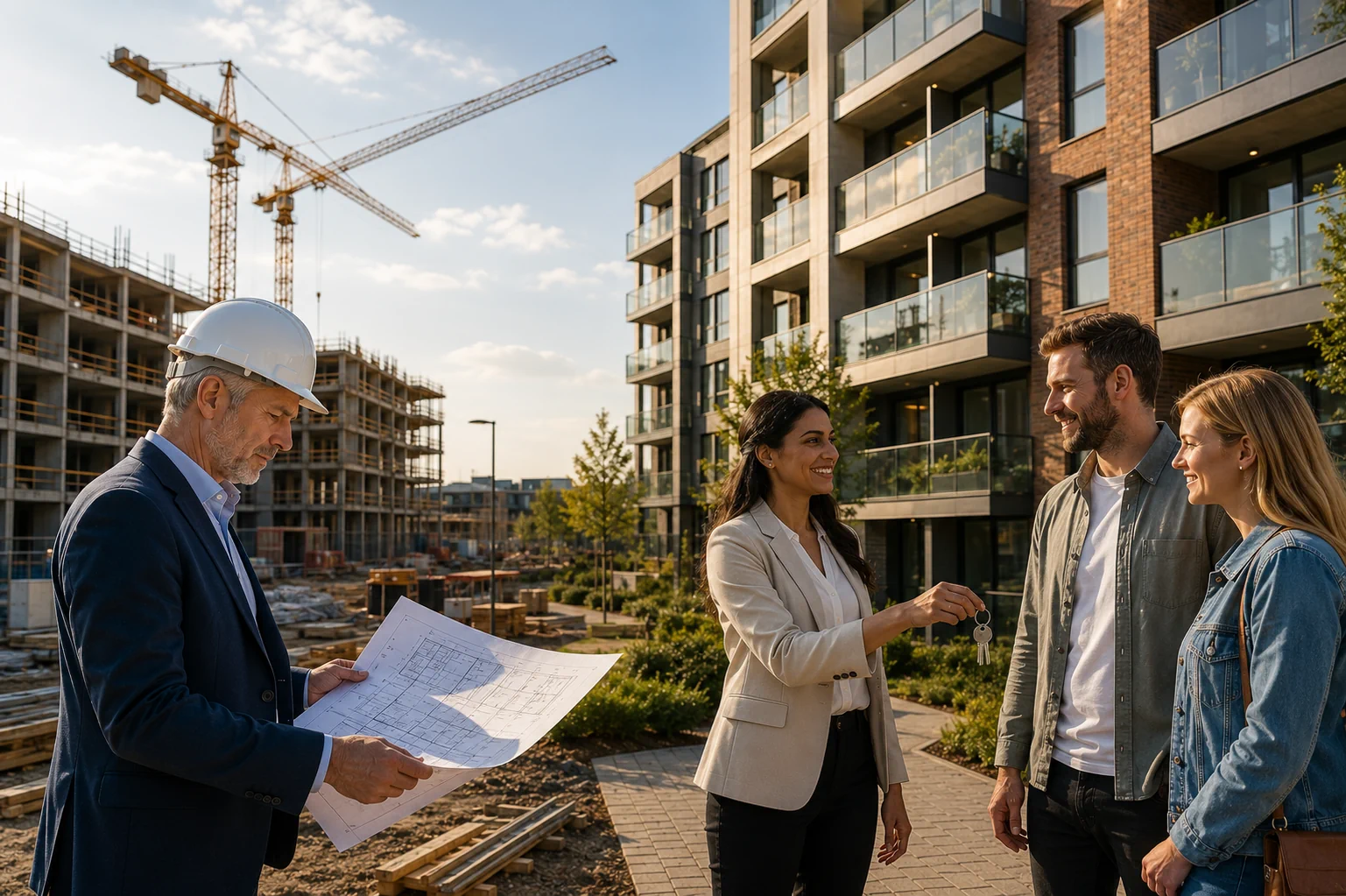 Property agent handing keys to couple near new build apartments showing off plan property investment suitability for buyers