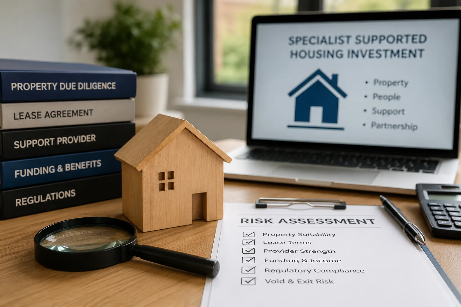 Specialist supported housing investment risk assessment with property due diligence, lease terms, support provider and funding checks