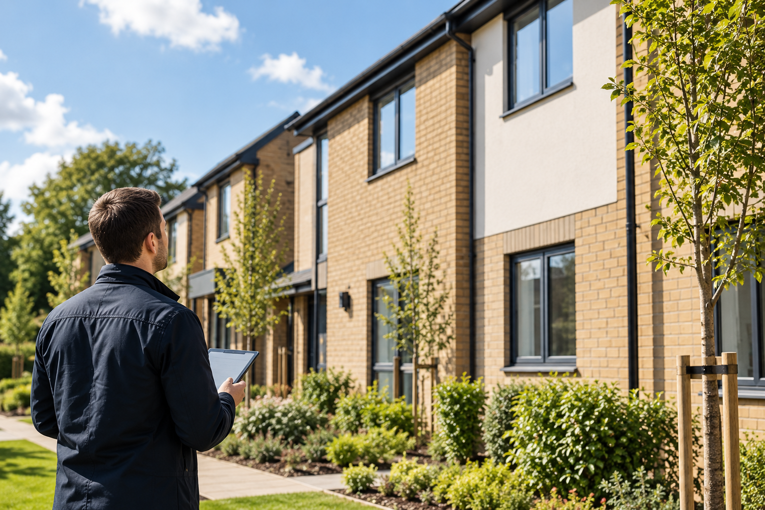 Property professional inspecting a modern UK residential housing development